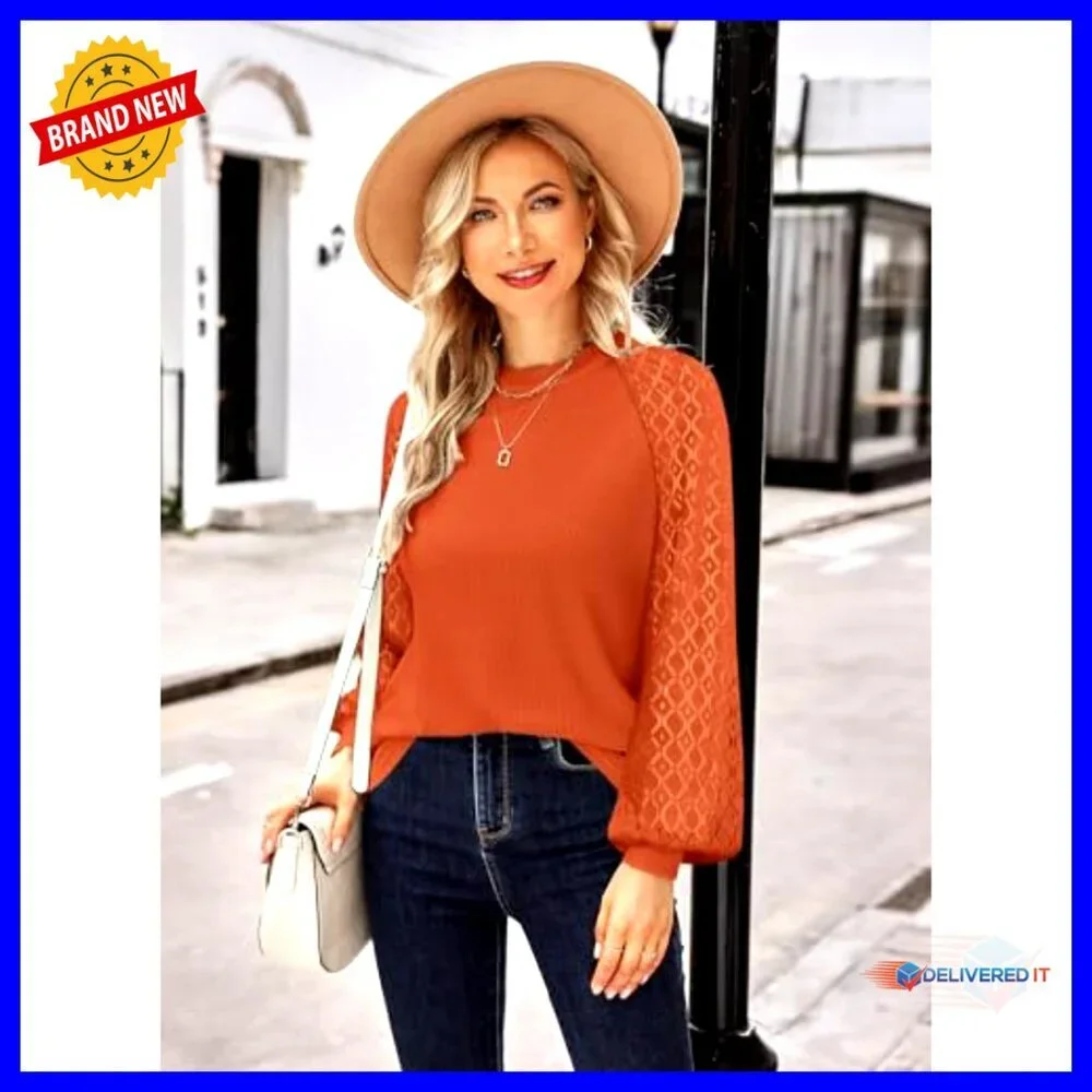 Lace Long Sleeve Blouse Balloon Sleeve Loose Fit Elegant Chic Casual Top - Picture 2 of 7